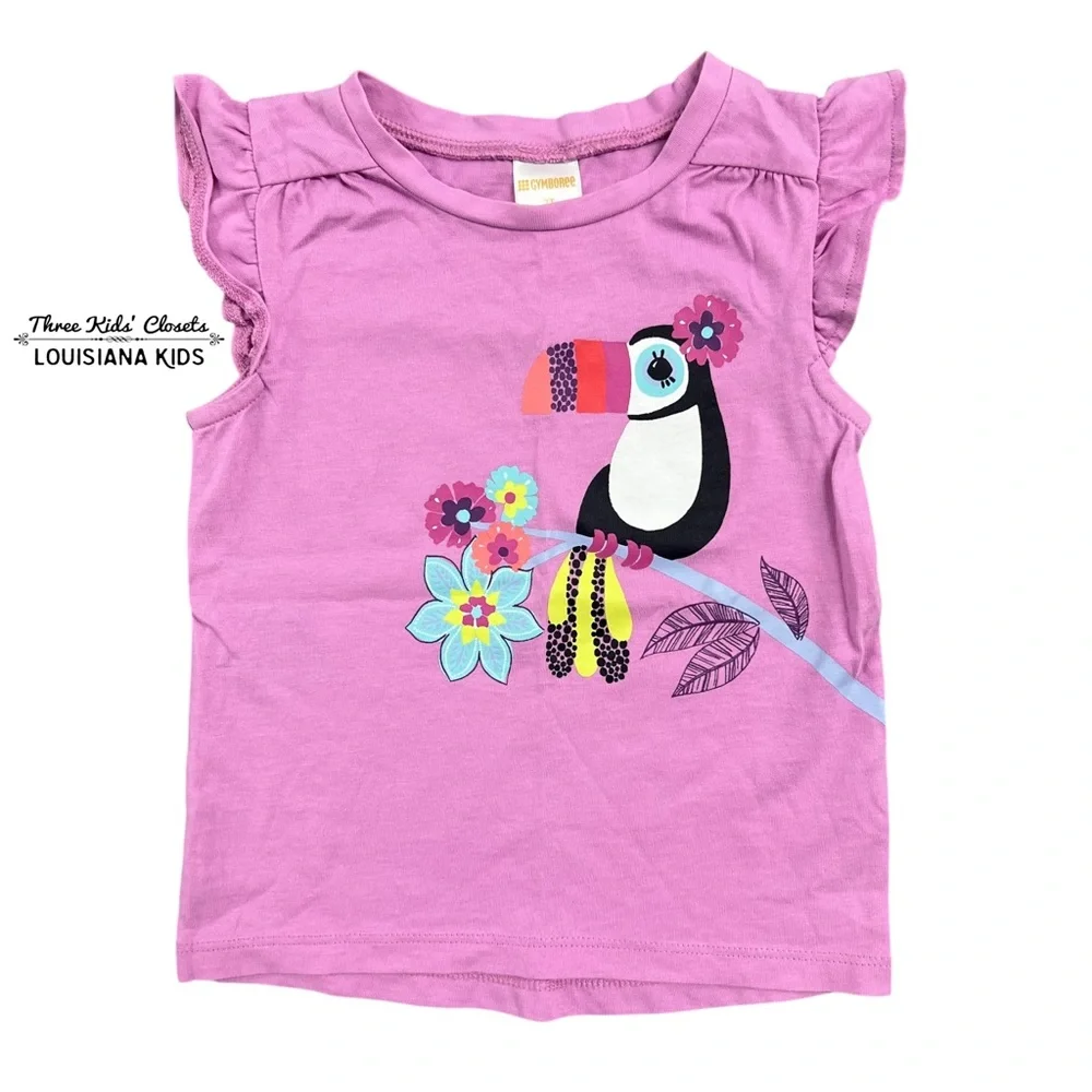 Gymboree 2T Lilac Tropical Toucan Flutter Sleeve Graphic Tee Shirt